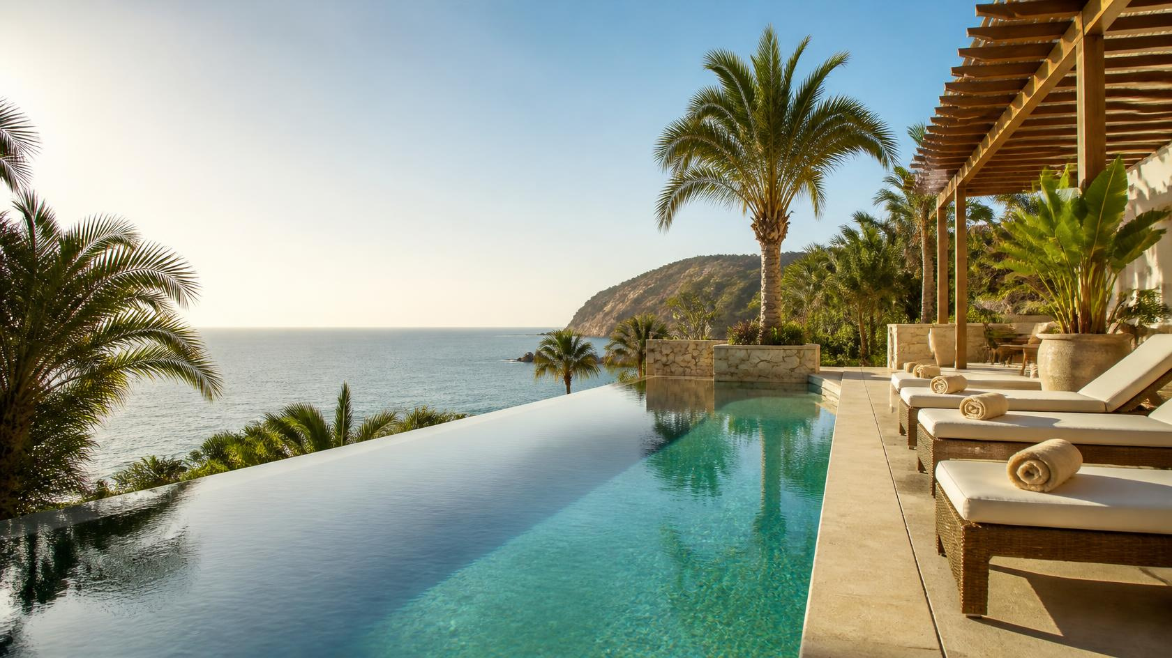 Sunny coastal resort and swimming pool for a winter sun holiday