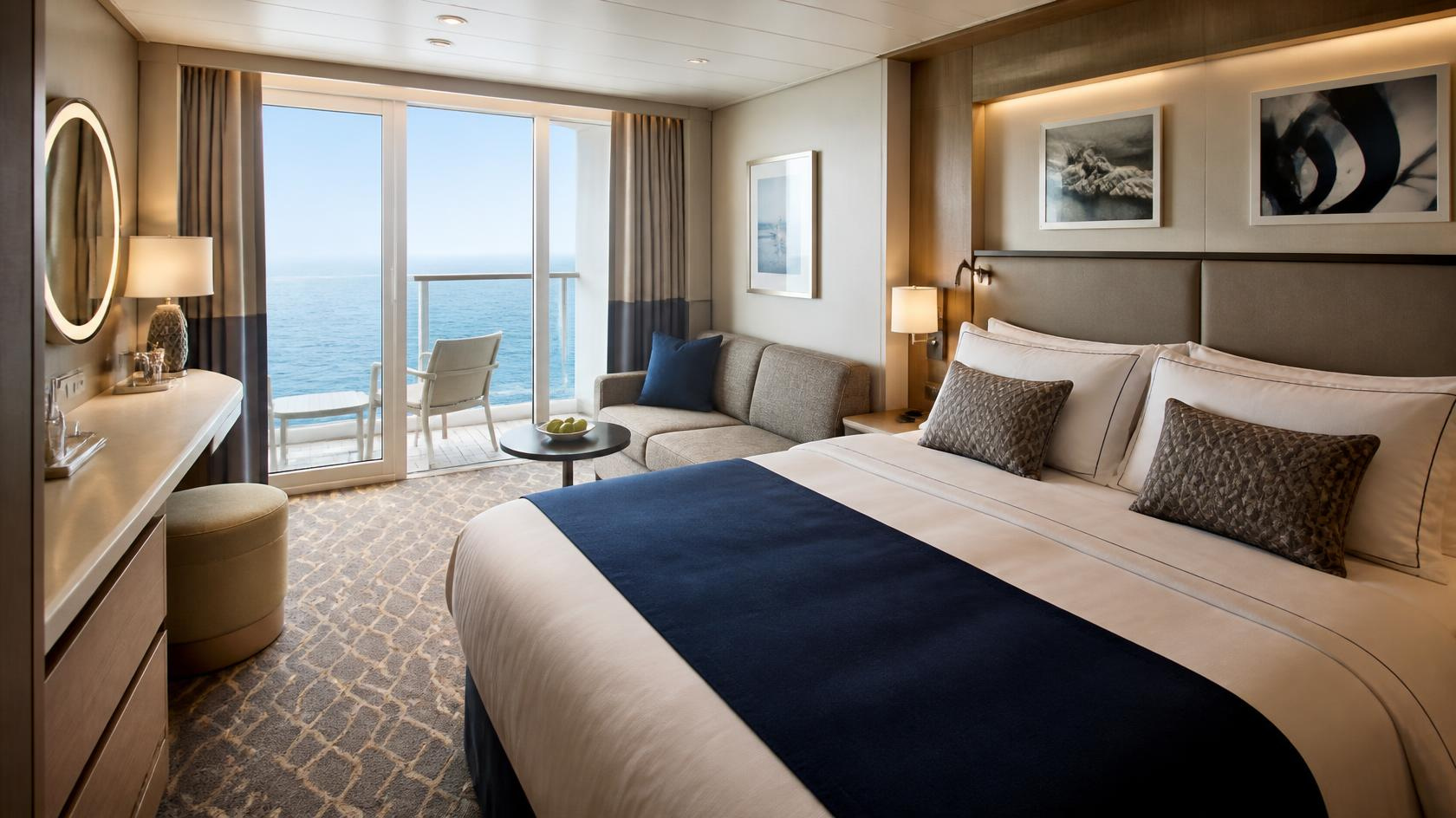 Cruise ship balcony cabin overlooking the sea