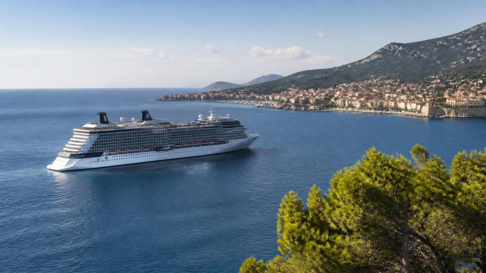 Modern cruise ship sailing through the Mediterranean for a first cruise holiday