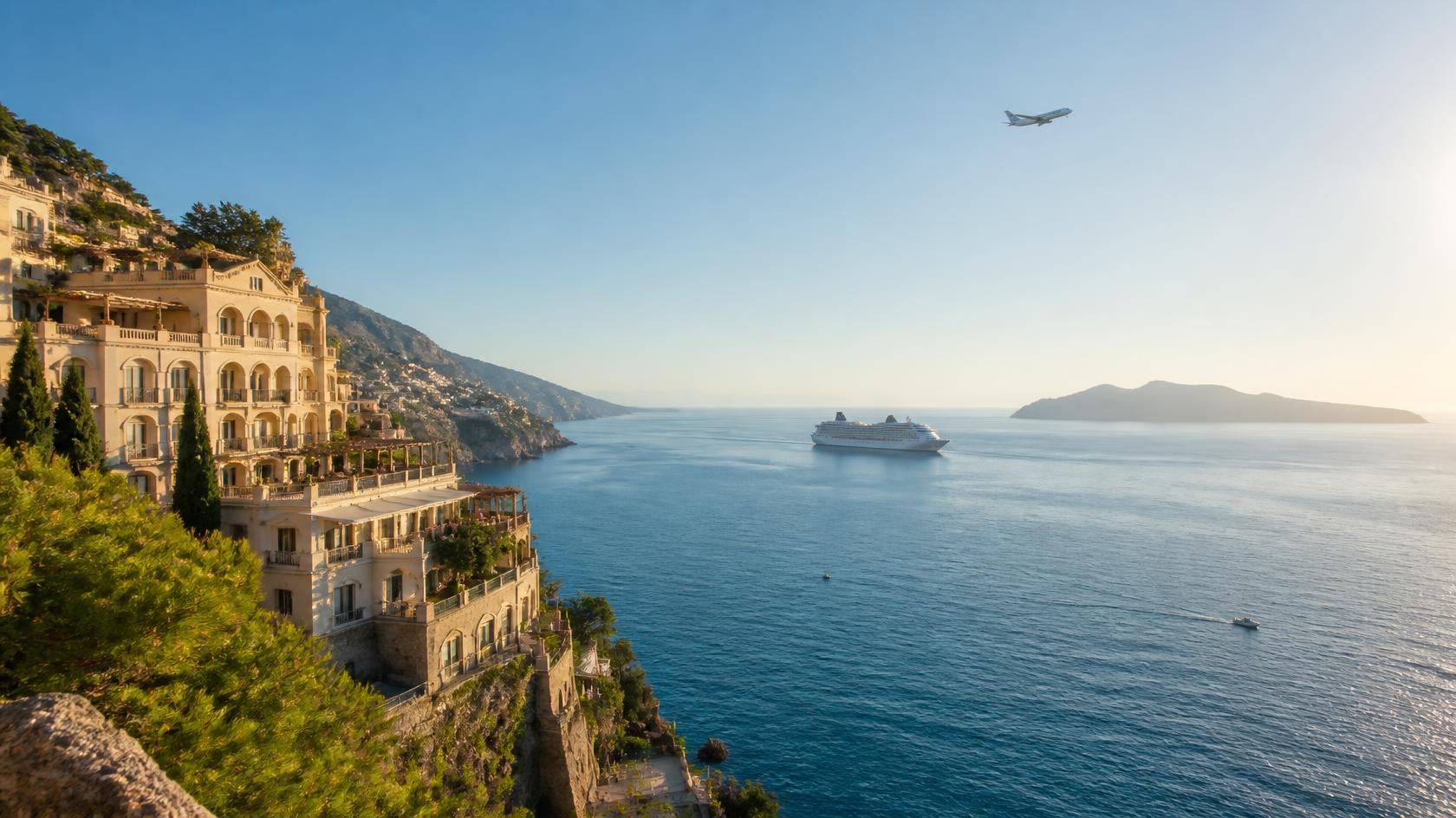 Mediterranean holiday scene with a cruise ship and waterfront hotel, representing a personally planned holiday.