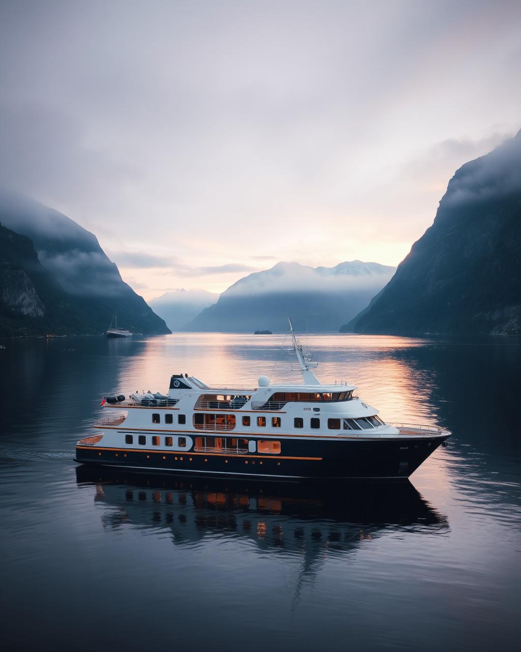 A small cruise ship at anchor in a misty Norwegian fjord at dawn