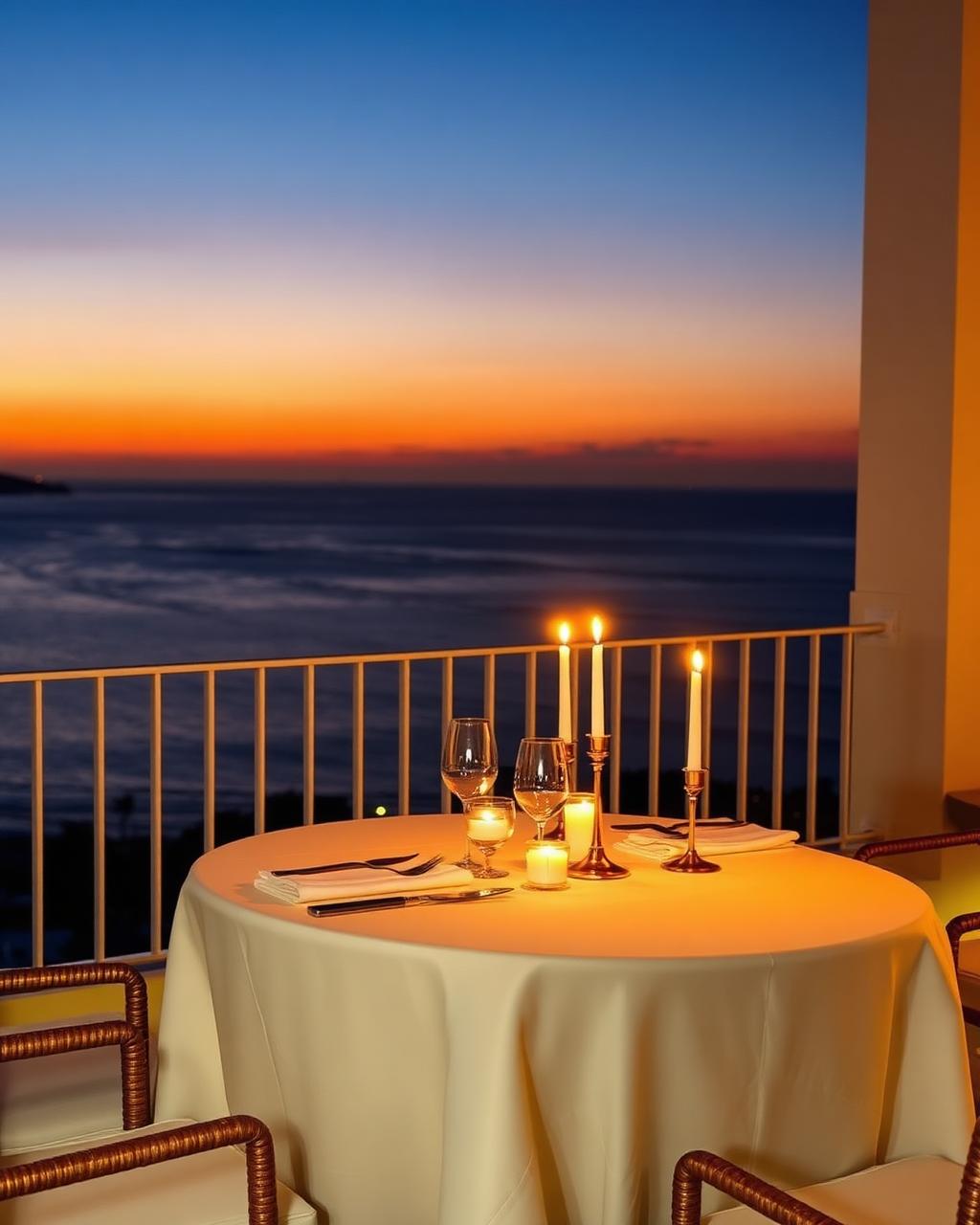 A candlelit table for two on a terrace above the sea at twilight