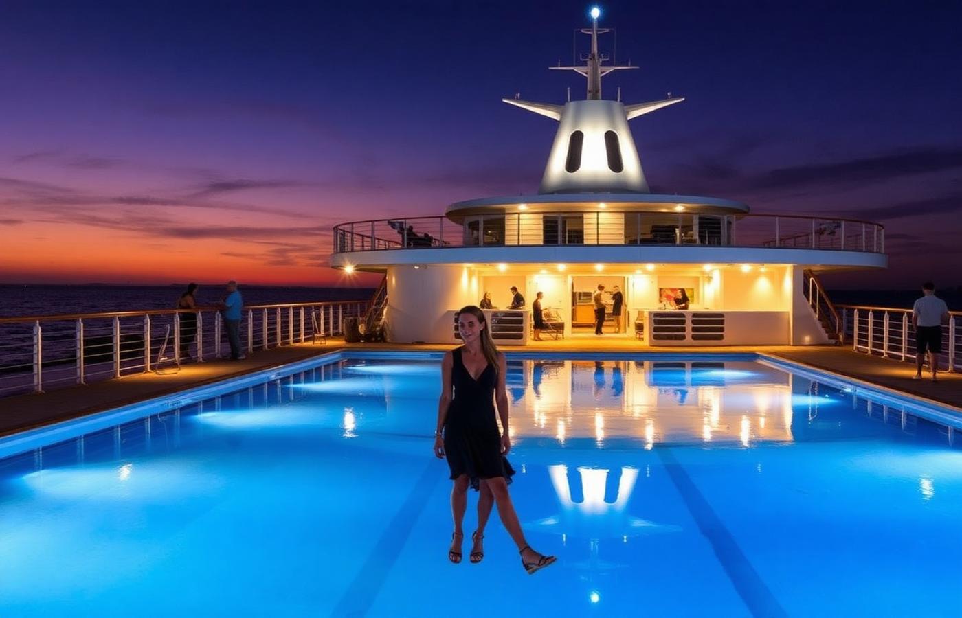 Adults relaxing on a ship's pool deck under warm evening lighting
