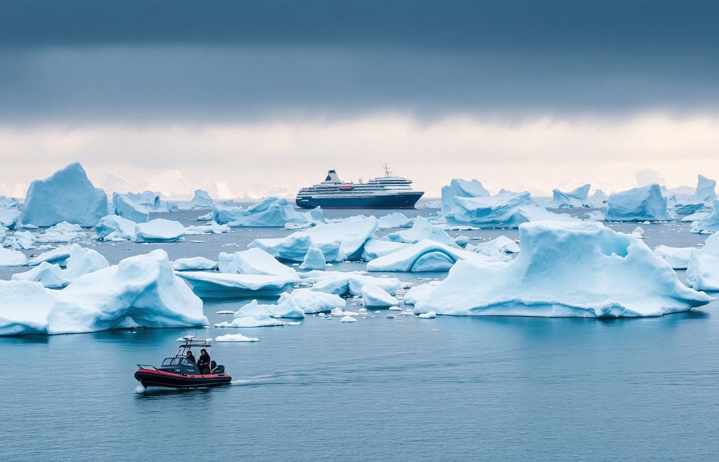 An expedition ship among icebergs with a zodiac boat in the foreground