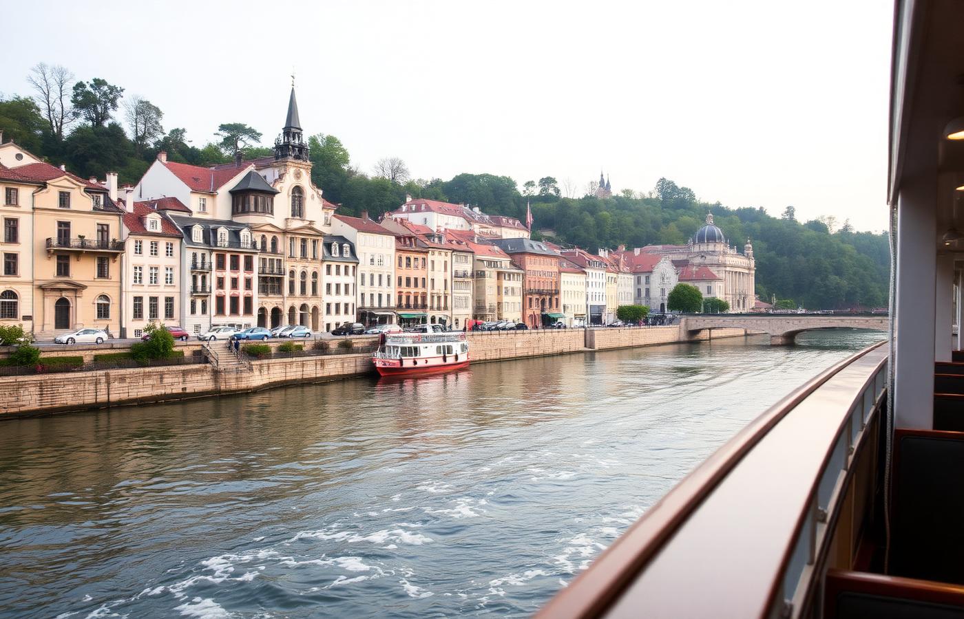 A European riverside town seen from the deck of a river cruise ship