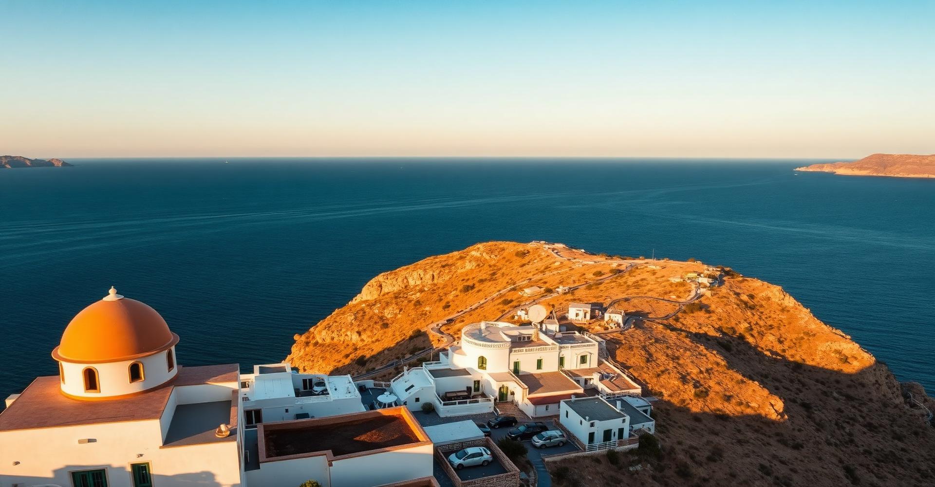 Whitewashed village above a deep blue sea at golden hour